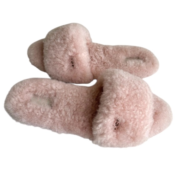 NEW UGG Fluff Baby Pink Slides Shearling Sheepskin Thong Slipper - Picture 10 of 17